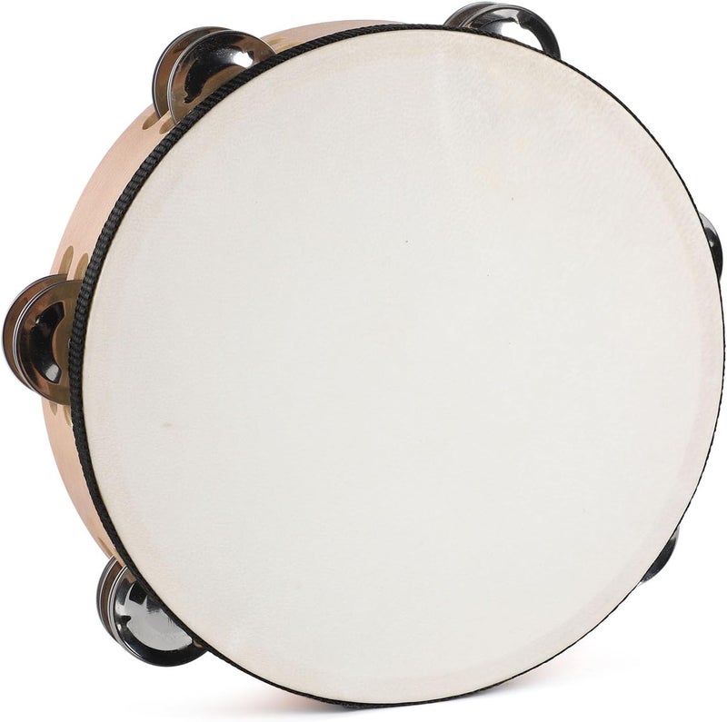 LIEKE Goatskin Tambourine for Adult kids 8 Inch Hand Held Drum with 6 Pairs Double Row Metal Jingles for Church Music Classroom Dance Party Game Props (8 inch) - Image 1